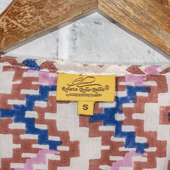 Roberta Roller Rabbit Women's Vneck Blouse Crochet cuffs multi color sz Small - Picture 2 of 9